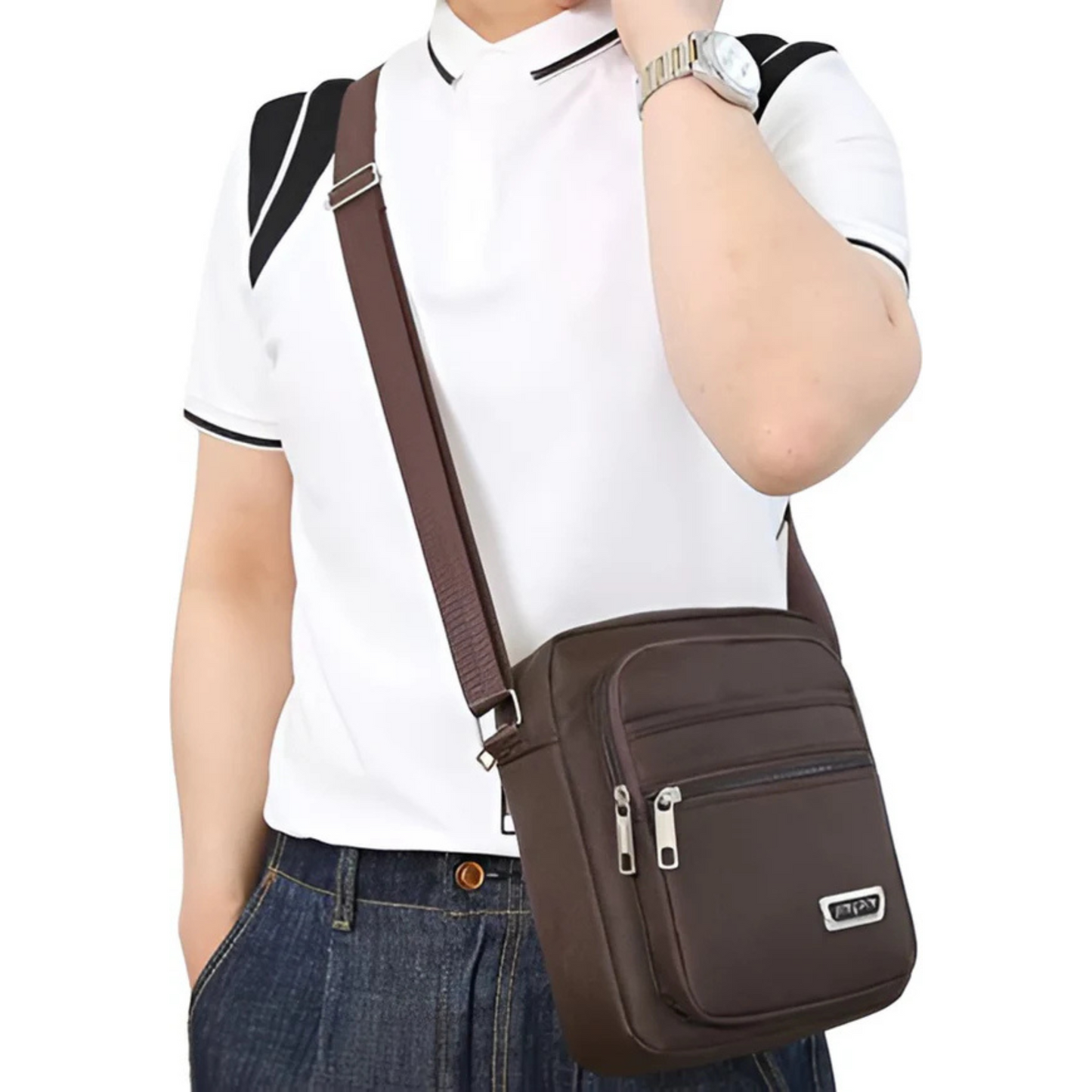 CarryQuest® - Nylon Shoulder Bag Messenger Bag - Zipper Handbag - Men - Brown