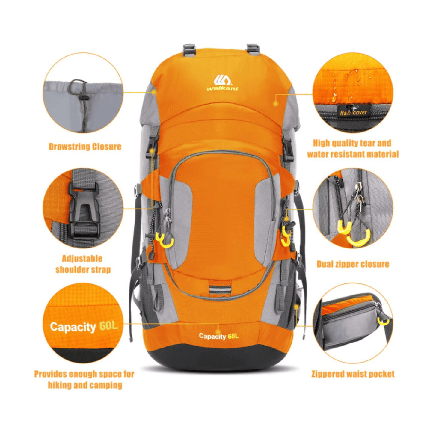 CarryQuest® - 60L - Wandelrugzak - Rugzak - Wandelen - Waterbestendig - Duurzaam - Polyester - OranjeCarryQuestsimple