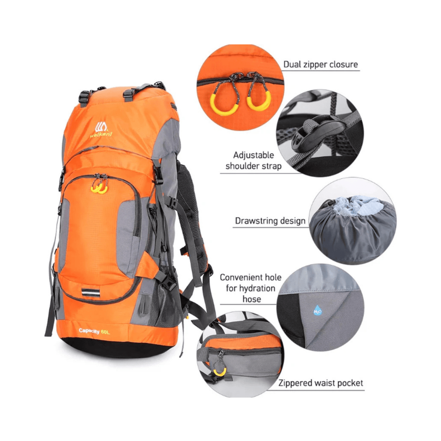 CarryQuest® - 60L - Wandelrugzak - Rugzak - Wandelen - Waterbestendig - Duurzaam - Polyester - OranjeCarryQuestsimple