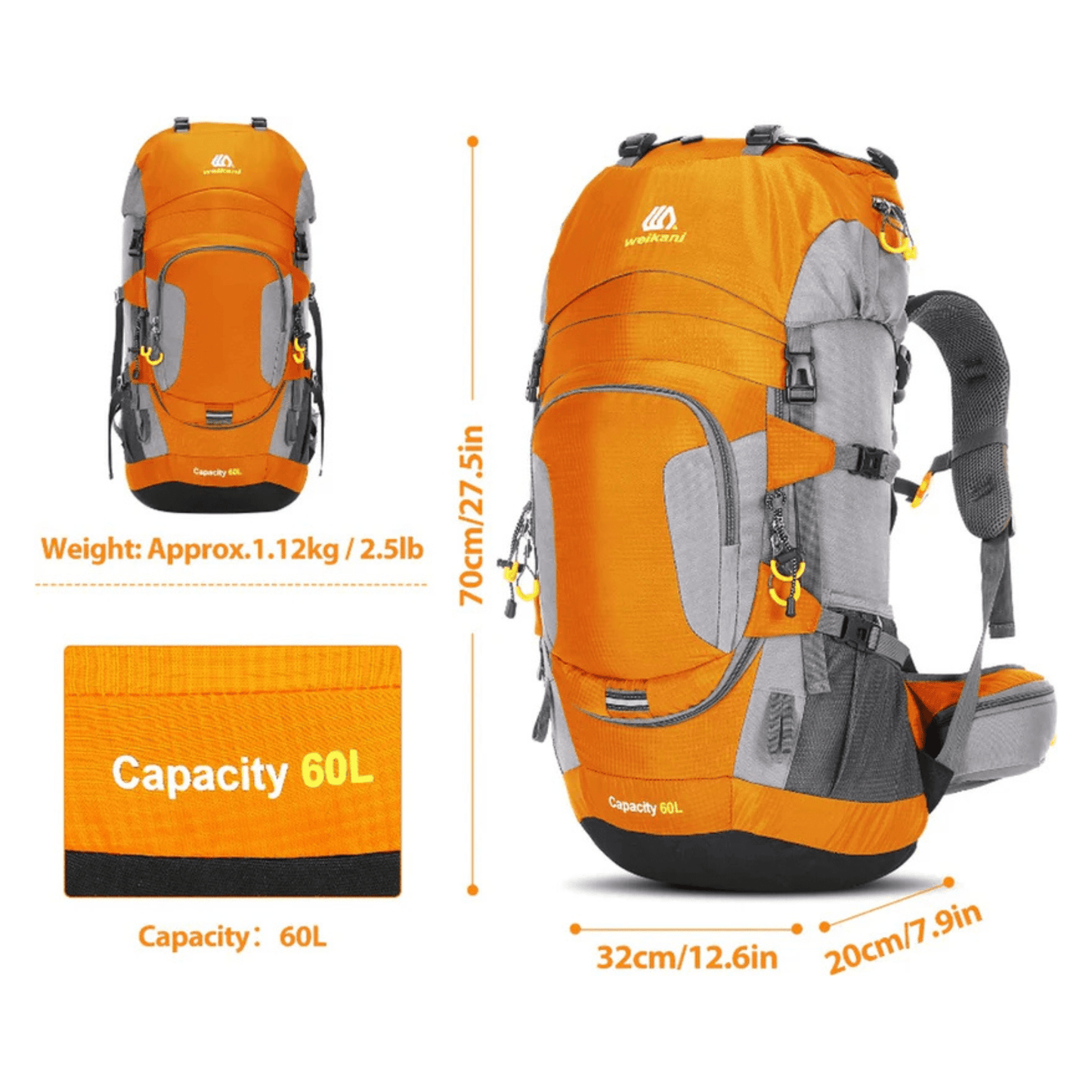 CarryQuest® - 60L - Wandelrugzak - Rugzak - Wandelen - Waterbestendig - Duurzaam - Polyester - OranjeCarryQuestsimple