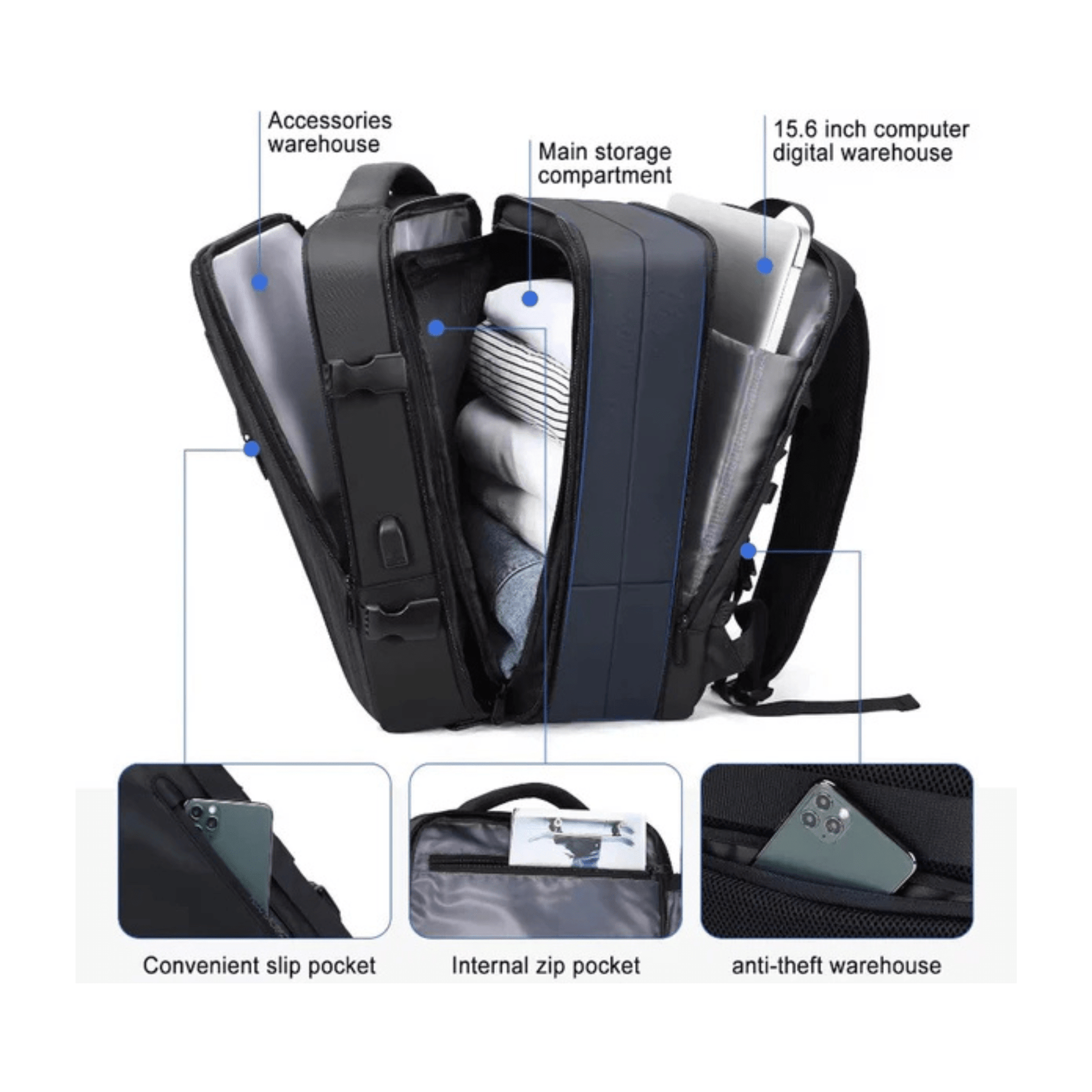 CarryQuest® - Backpacks - Reisrugzak - Weekendtas - Laptop Backpack - USB - Uitgang - 17 Inch Laptop - Zwart