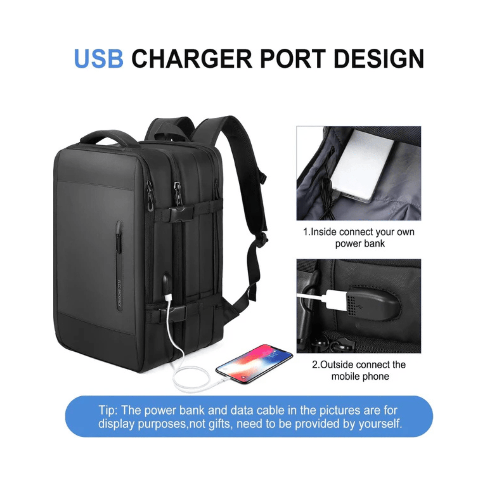 CarryQuest® - Backpacks - Reisrugzak - Weekendtas - Laptop Backpack - USB - Uitgang - 17 Inch Laptop - Zwart