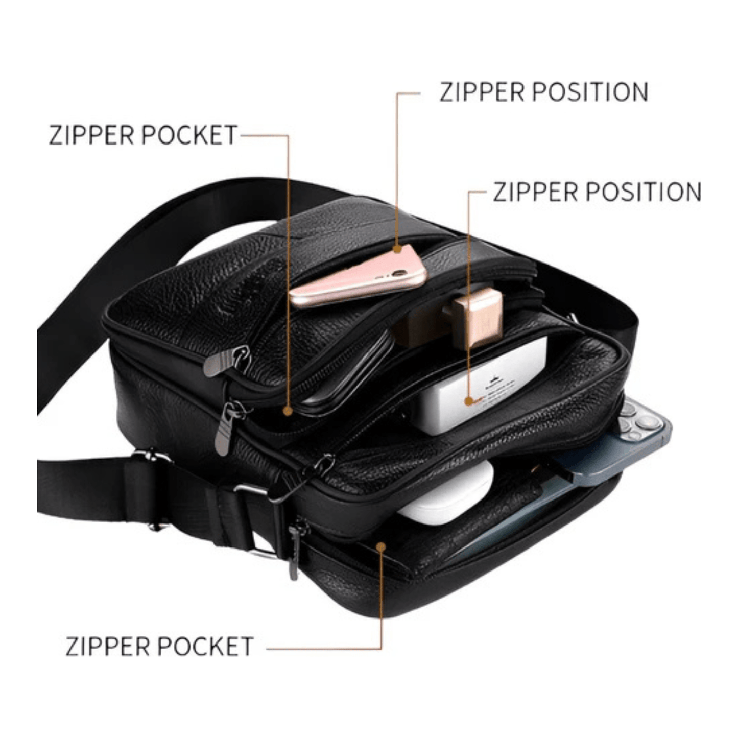 CarryQuest® - Heren Lederen Schoudertas - Echt Leder - ZwartCarryQuestsimple