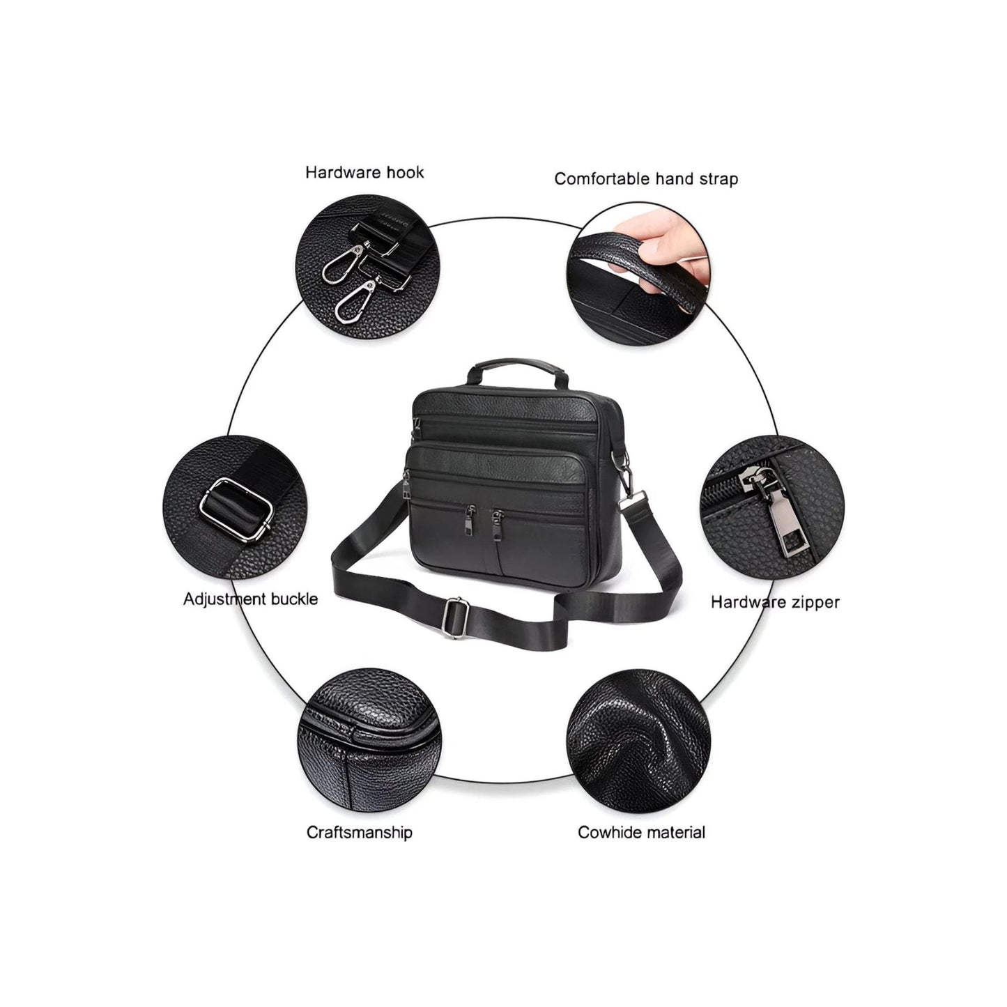 CarryQuest® - Heren Lederen Schoudertas - Koeienhuid Lederen Handtassen - ZwartCarryQuestsimple