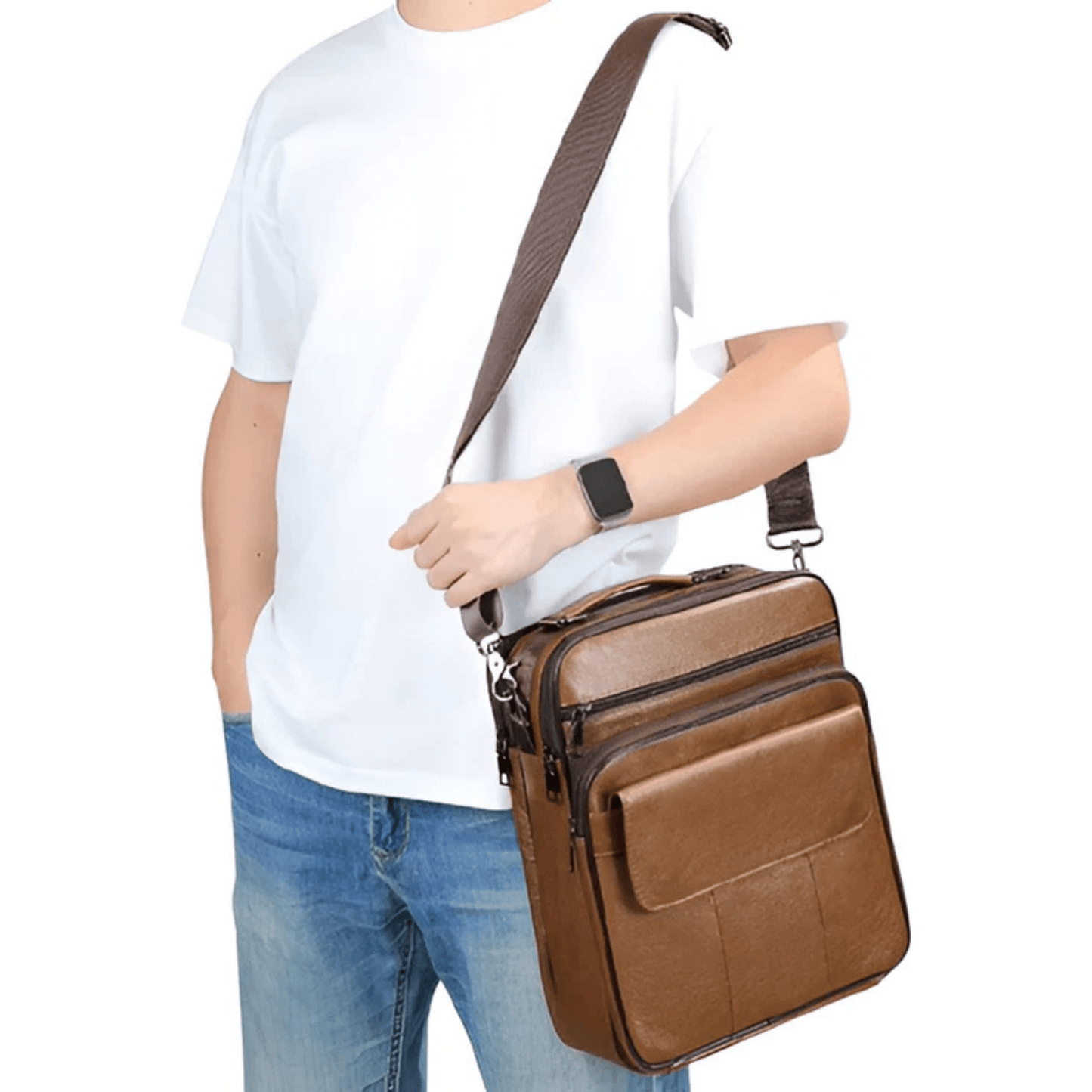 CarryQuest® - Heren Schoudertas - Casual crossbody messenger van leer - Bruin