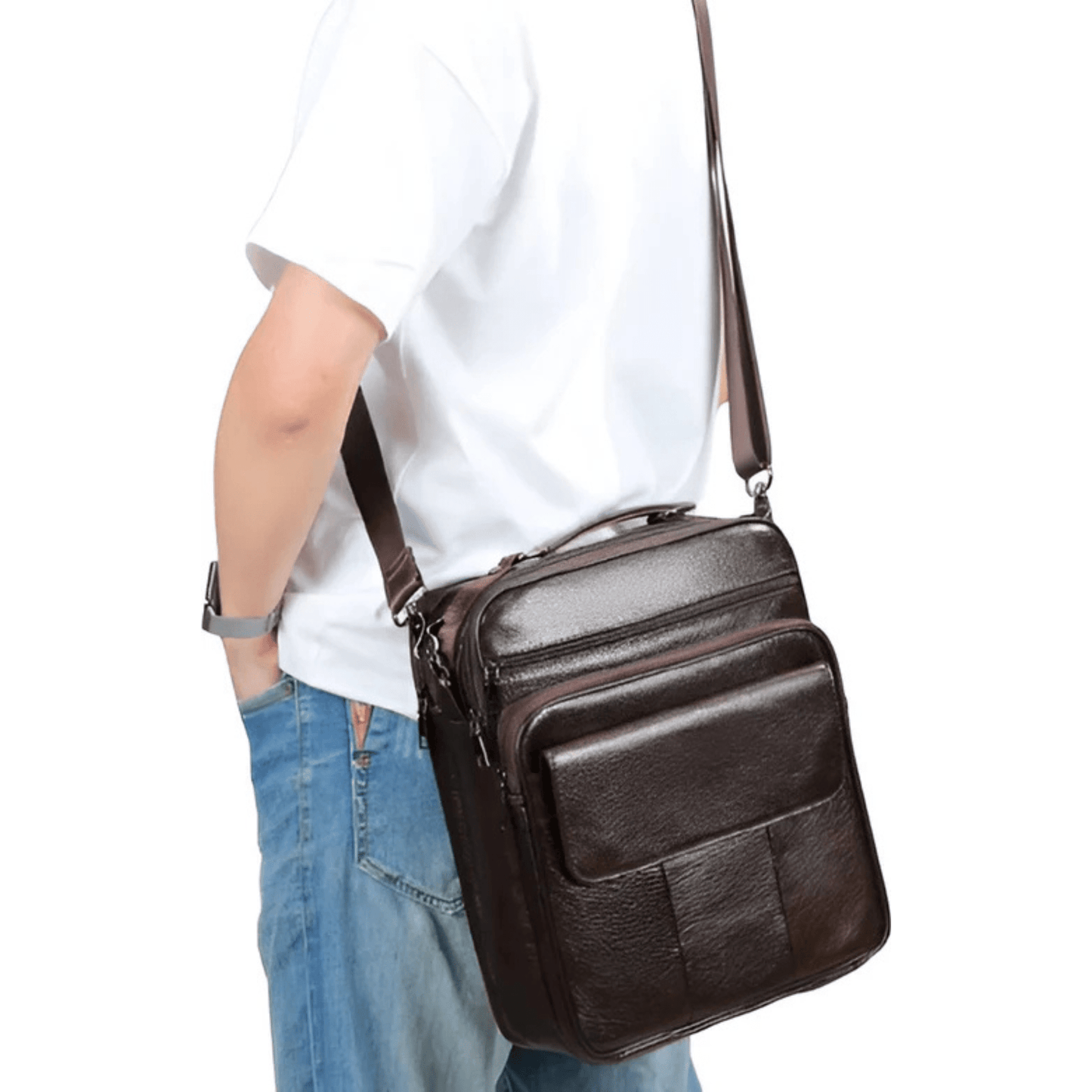 CarryQuest® - Heren Schoudertas - Casual crossbody messenger van leer - KoffeeCarryQuestsimple