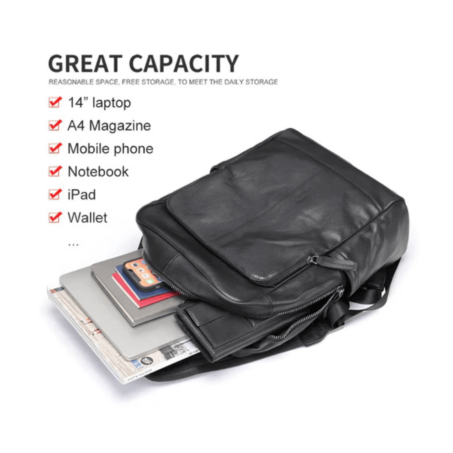 CarryQuest® - Leren Heren Schoudertas - Computertas - Satchelrugzak - Zwart