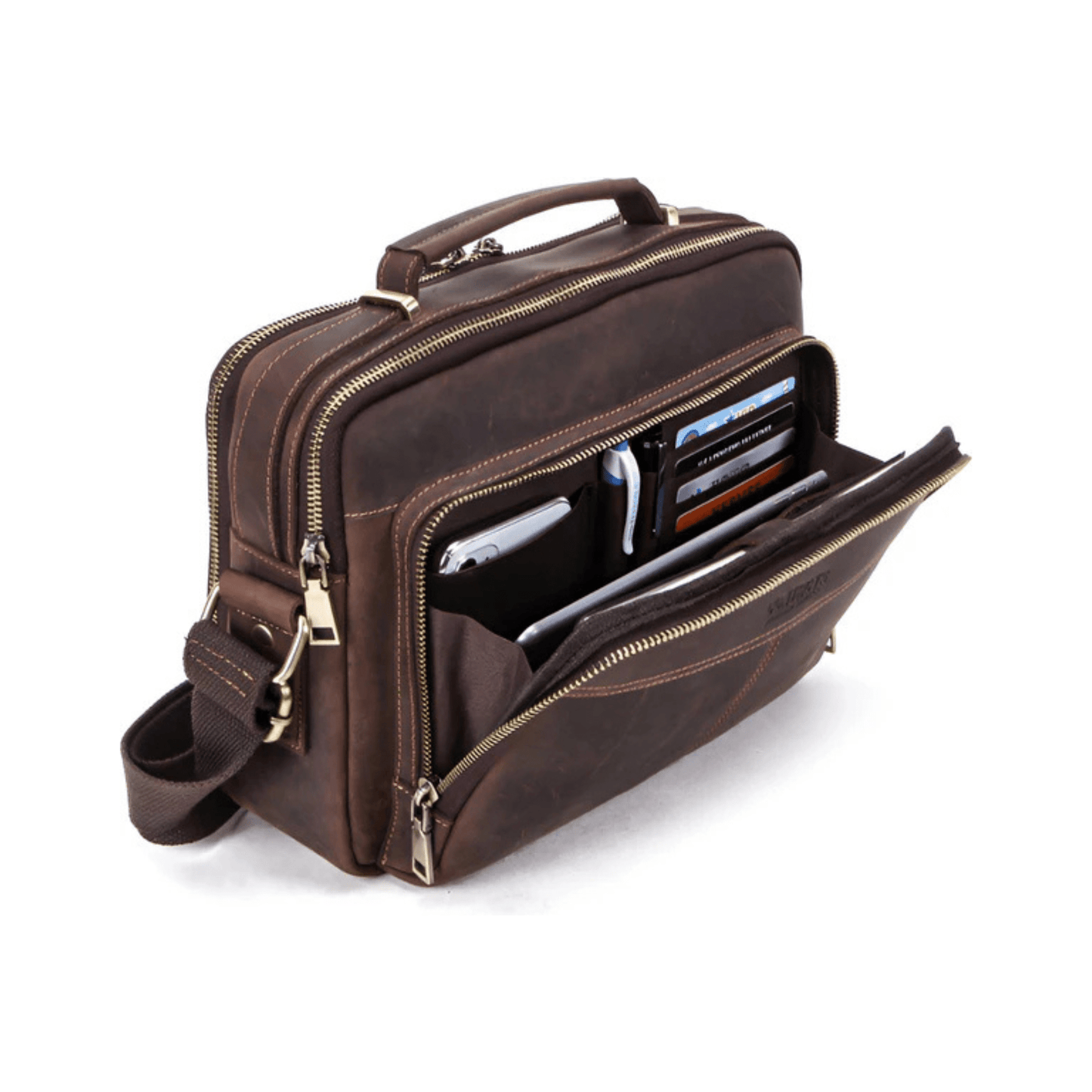 CarryQuest® - Leren Heren Schoudertas - Grote Capaciteit Handtassen - Koerierstas - Koffie