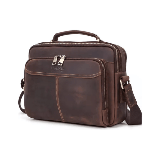 CarryQuest® - Leren Heren Schoudertas - Grote Capaciteit Handtassen - Koerierstas - Koffie