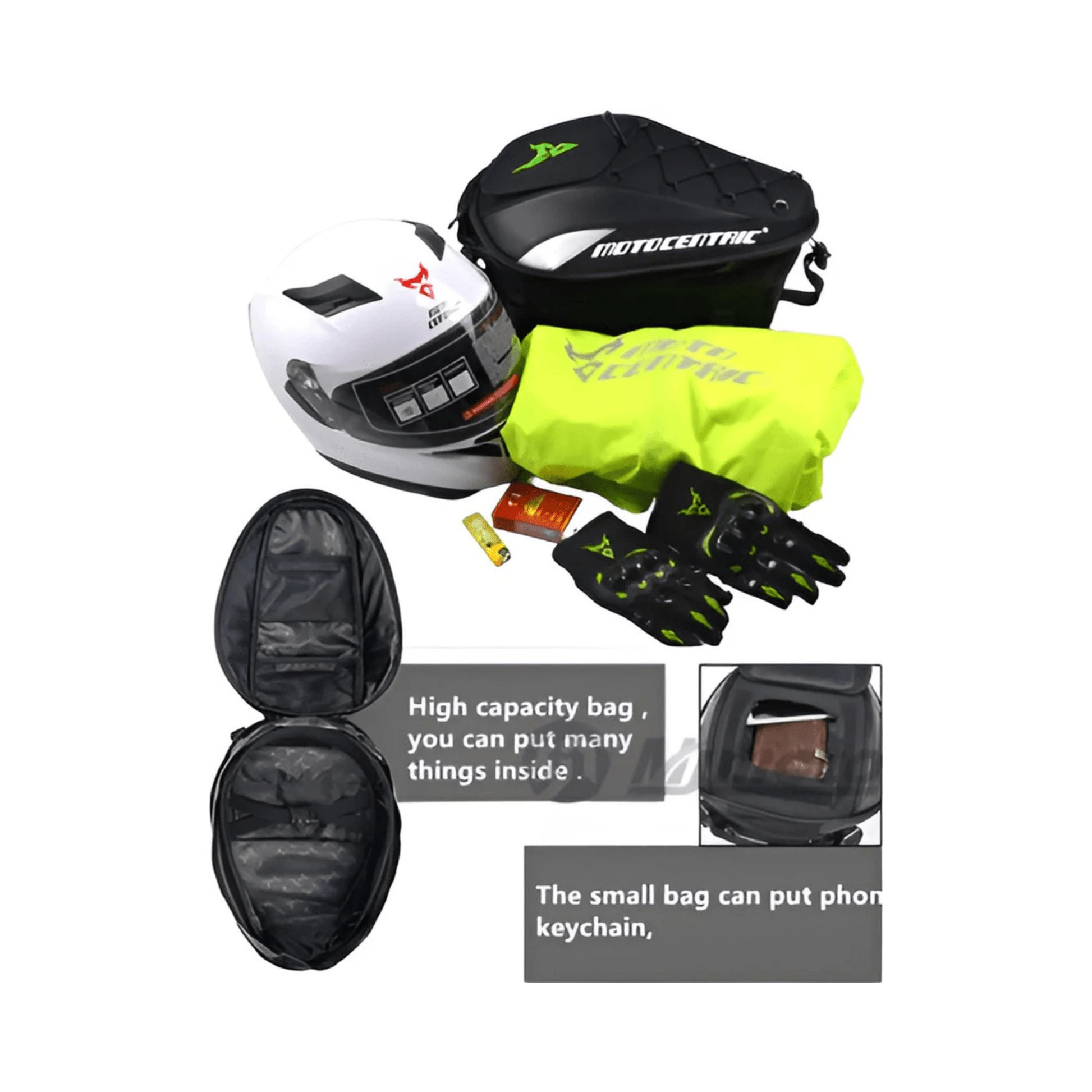 CarryQuest® - Motor Rugzak - Motor Zadeltas en Motor Rugzak - Motorhelm Tas - 48L - Staarttas - Handtas - Zwart/Groen