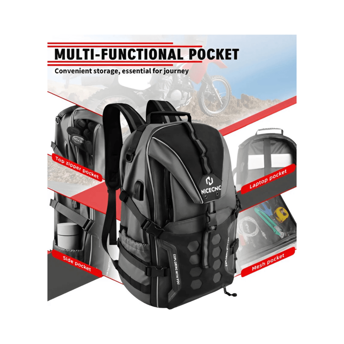 CarryQuest® - Motor Rugzak - Motorfiets Rugzak - Waterdicht 35L met USB Oplaadpoort - Zwart