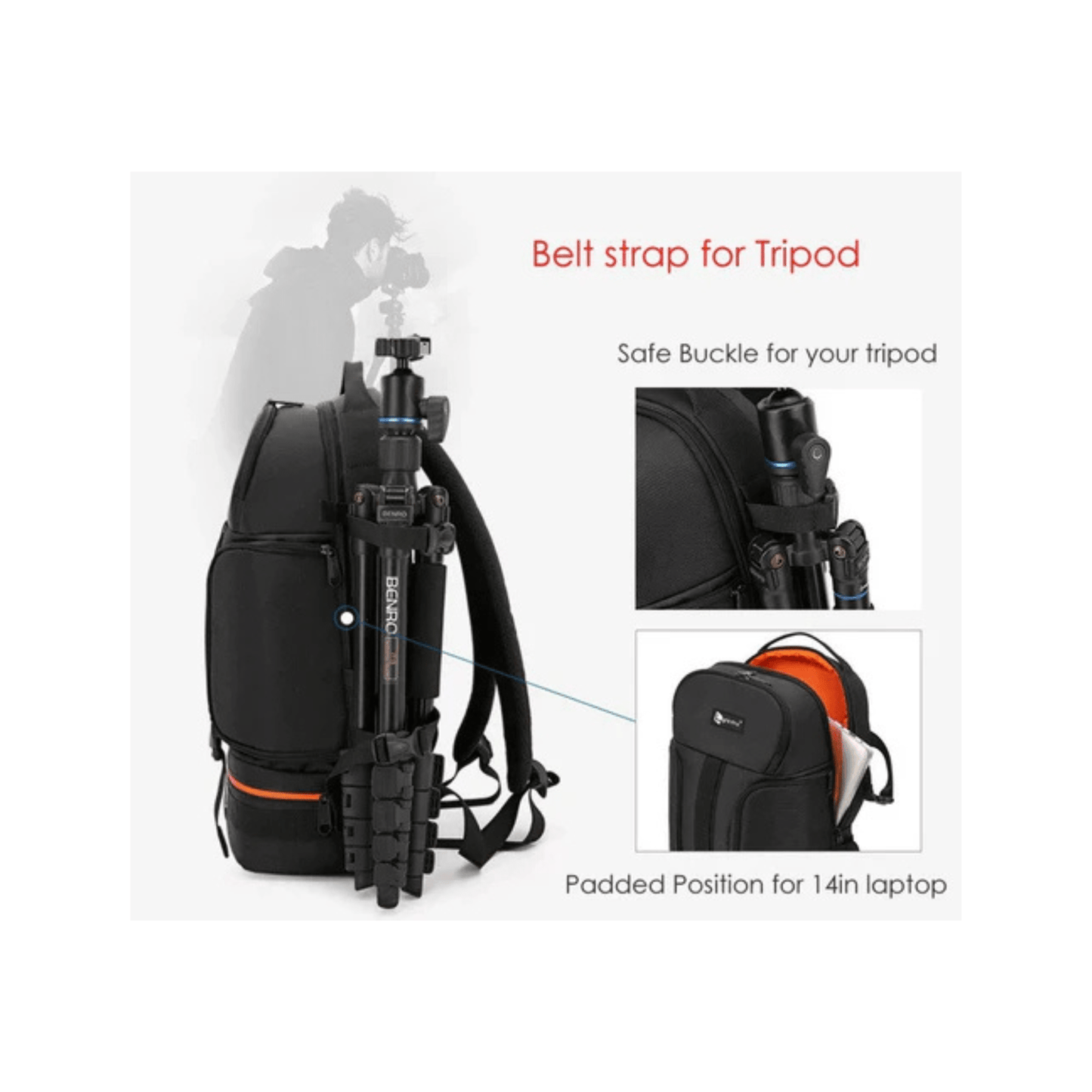 CarryQuest® Professionele Waterdichte Camera Schouders Rugzak - DSLR + 3 Lenzen + 2 Statieven - OranjeCarryQuestsimple