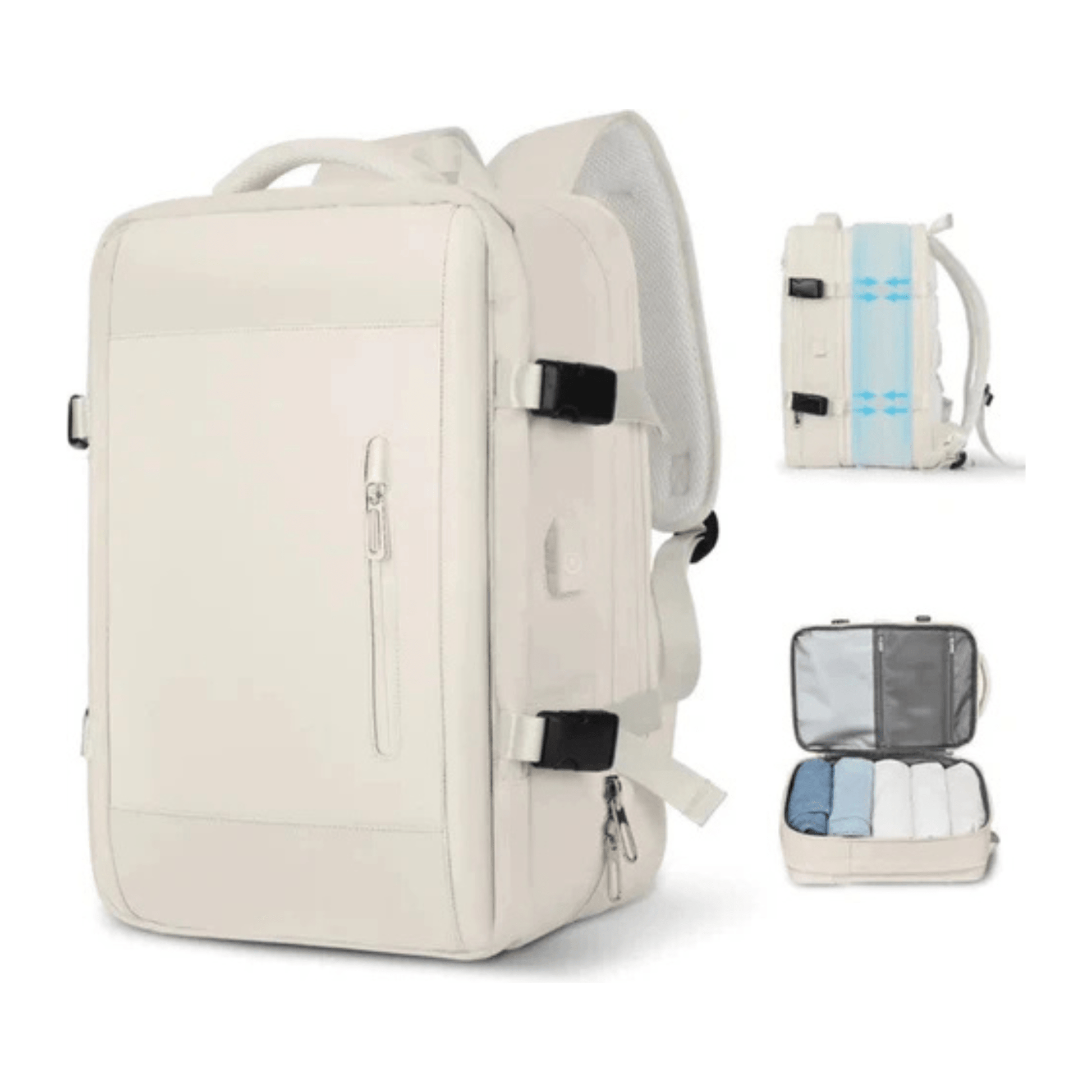 CarryQuest® - Veelzijdige en stijlvolle unisex reis - /weekendtas rugzak - 36 - 55 liter - USB - 17 inch laptopvak - Beige