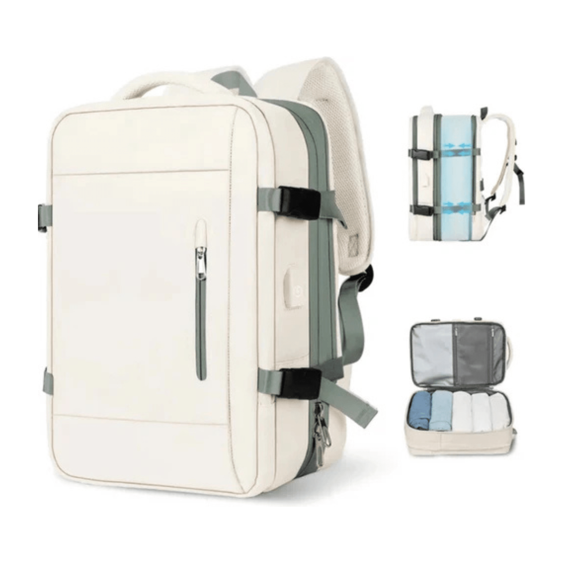 CarryQuest® - Veelzijdige en stijlvolle unisex reis - /weekendtas rugzak - 36 - 55 liter - USB - 17 inch - Wit