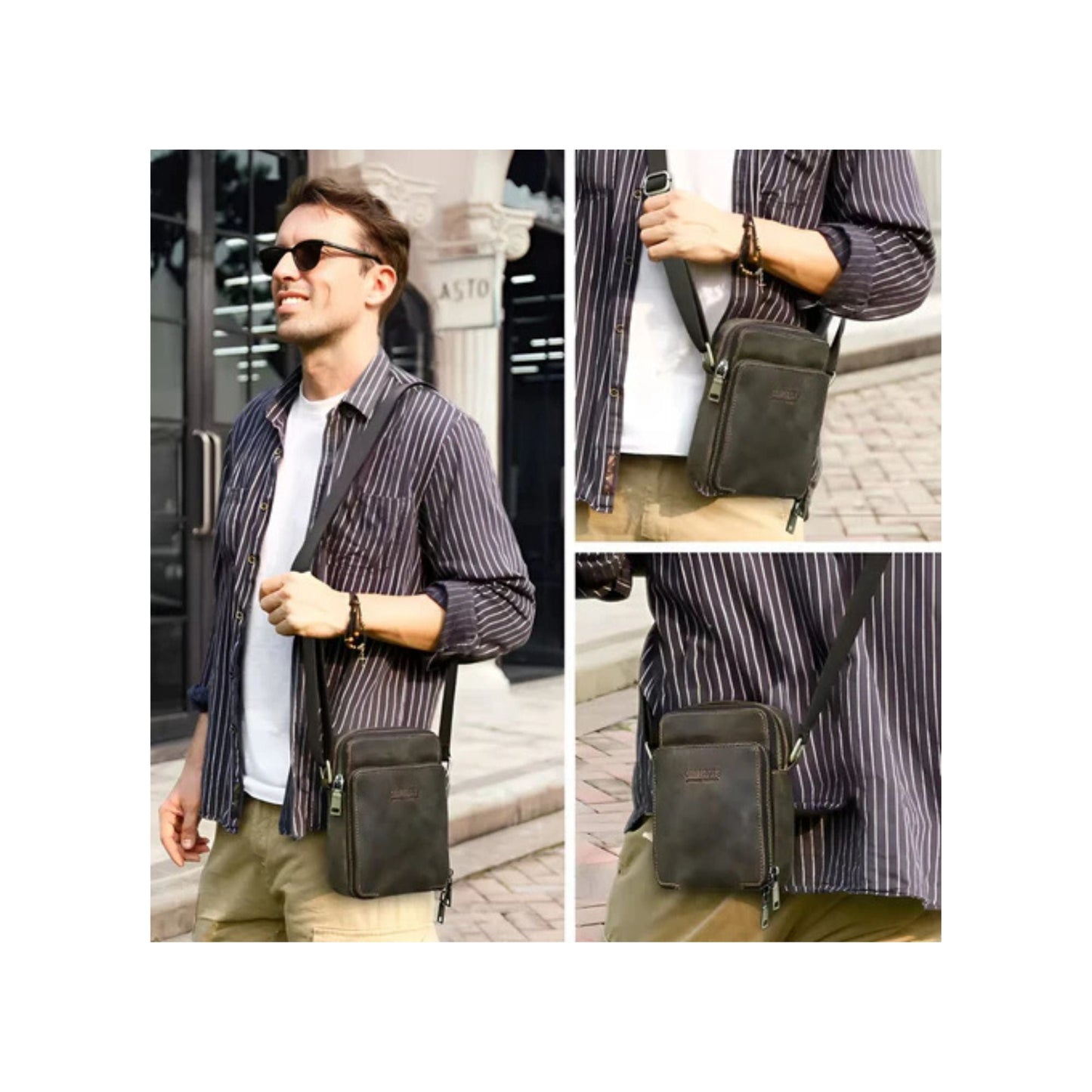 CarryQuest® - Vintage Echt Lederen Schoudertas Heren - Handtas - Verstelbaar - LegergroenCarryQuestsimple