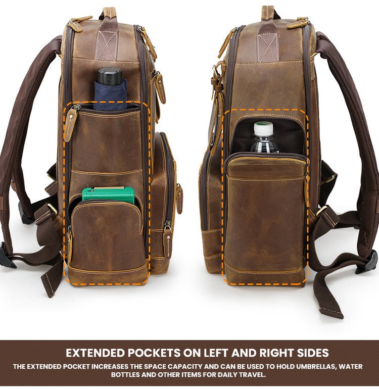 CarryQuest® Vintage Leer Backpack - 20 - 35 Liter - Laptop 15,6" - Rijk Bruin/Donkerbruin - Waterafstotend - USB OplaadpoortCarryQuest®simpleNiet Klaar