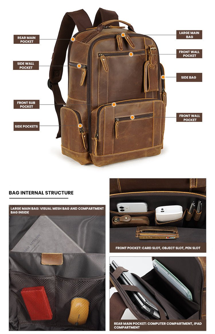 CarryQuest® Vintage Leer Backpack - 20 - 35 Liter - Laptop 15,6" - Rijk Bruin/Donkerbruin - Waterafstotend - USB OplaadpoortCarryQuest®simpleNiet Klaar