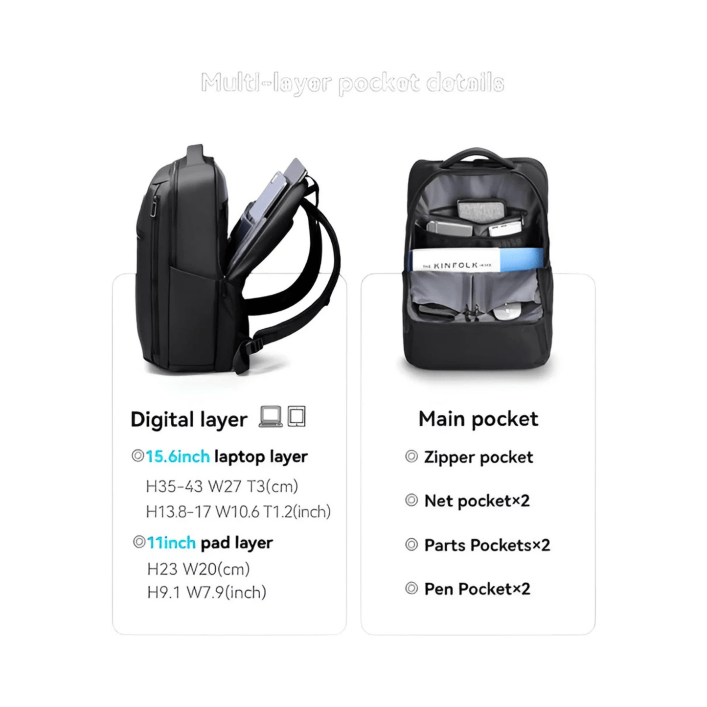 CarryQuest® - Waterafstotend + Laptopvak 15,6" - Schoolrugzak - Boekentassen - Zwart