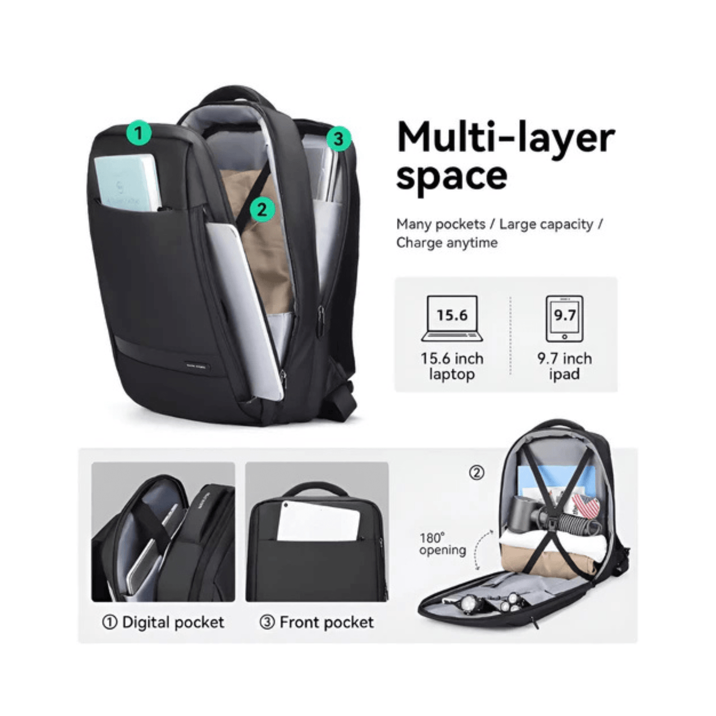 CarryQuest® - Waterdichte Rugzak 15,6" - Grote Capaciteit - Laptop Rugzak - Zwart