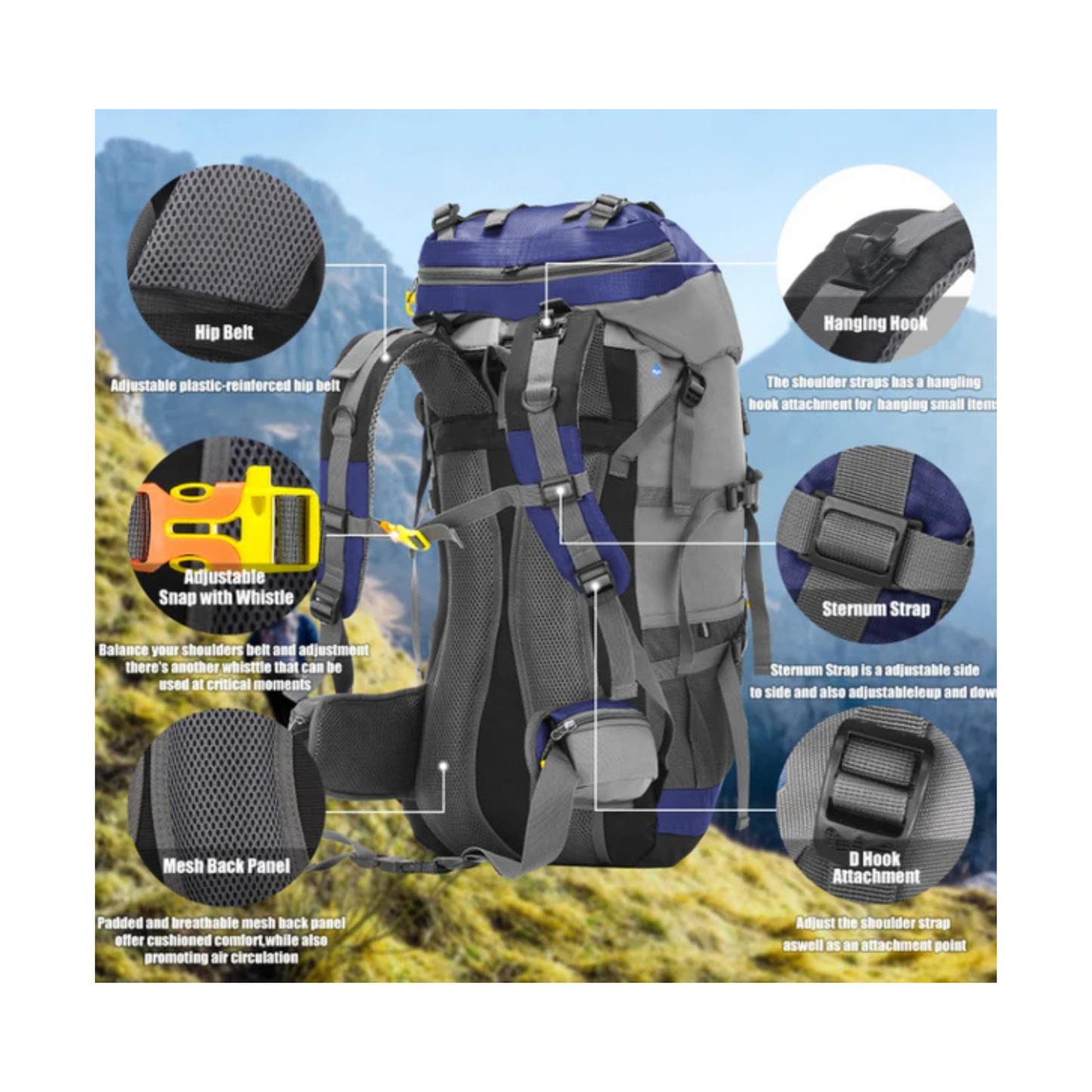 CarryQuest® - 60L - Wandelrugzak - Rugzak - Wandelen  - Waterbestendig - Duurzaam - Polyester - Blauw