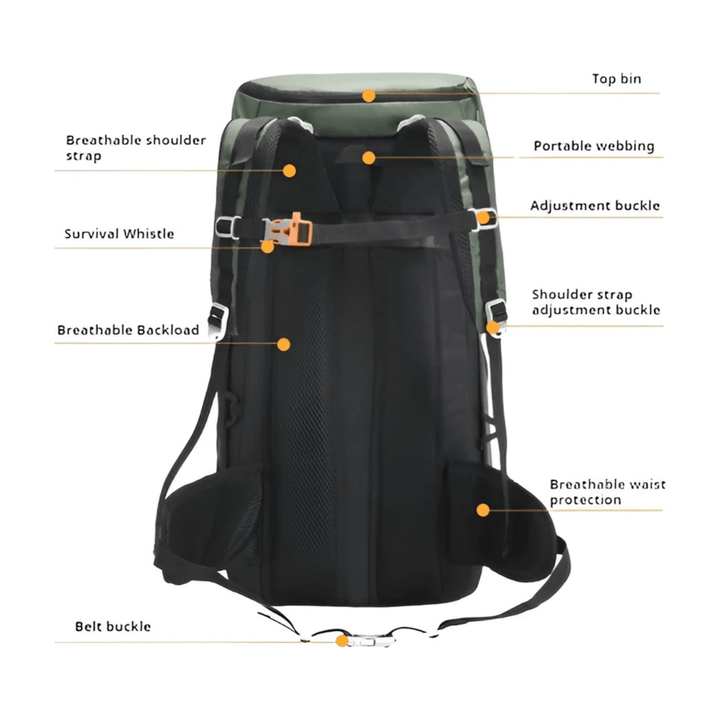 CarryQuest® - 50L Bergrugzak Waterdichte Schoudertas - 50 Liter Capaciteit - Voor Kamperen en Wandelen - Groen