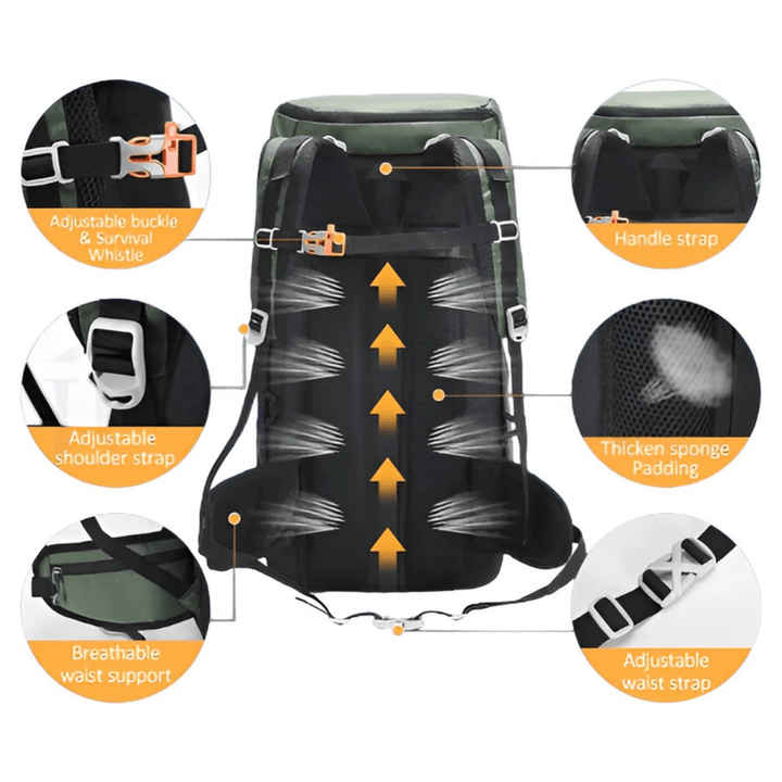 CarryQuest® - 50L Bergrugzak Waterdichte Schoudertas - 50 Liter Capaciteit - Voor Kamperen en Wandelen - Zwart