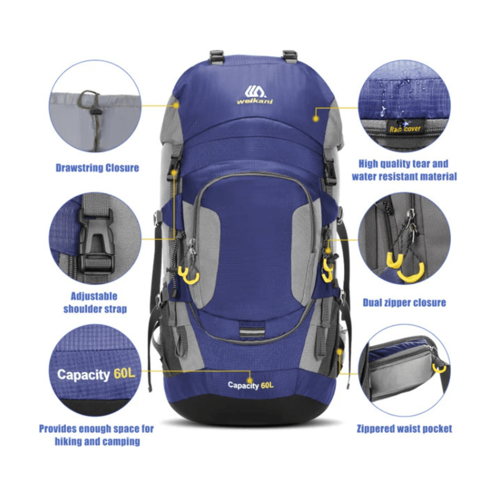 CarryQuest® - 60L - Wandelrugzak - Rugzak - Wandelen - Waterbestendig - Duurzaam - Polyester - BlauwCarryQuestsimple