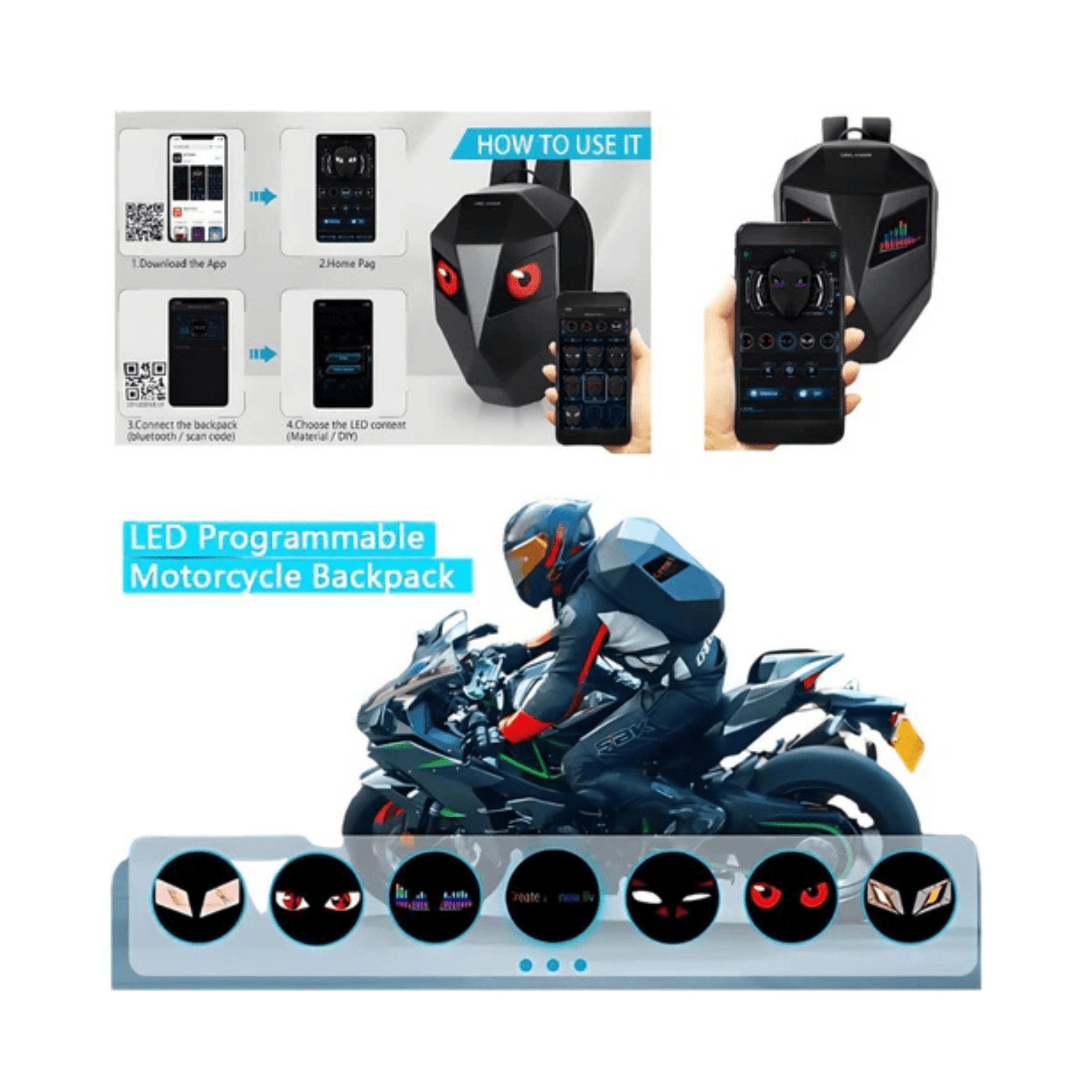 CarryQuest® - LED - rugzak met - Maat L - Compatibel met Motor helm - ZwartCarryQuestsimple