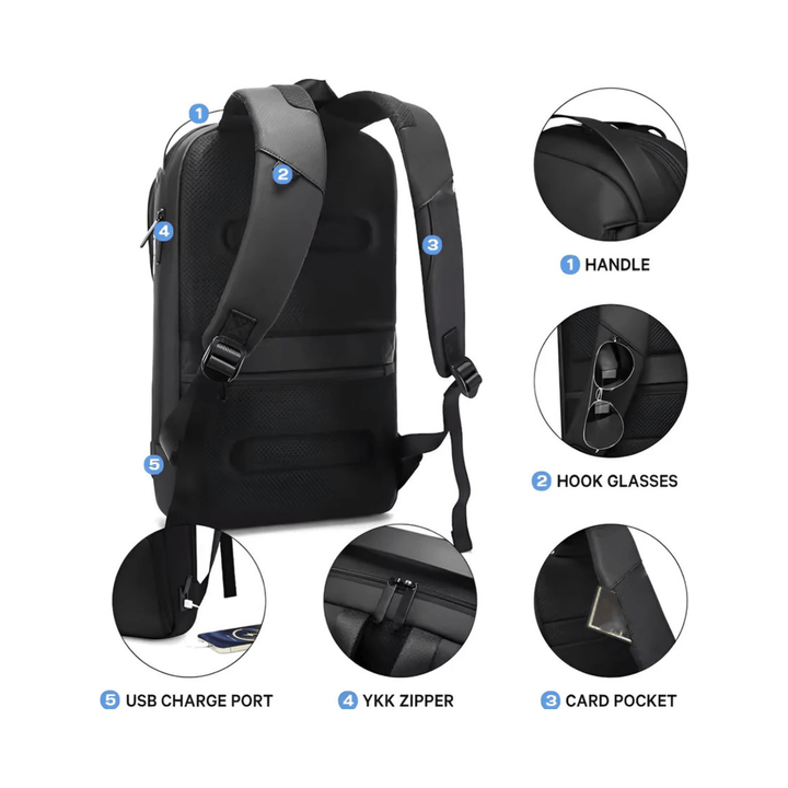 CarryQuest® - Multi - laags Ruimte Zakenrugzak - USB + Laptopcompartiment tot 15,6 inch - Zwart