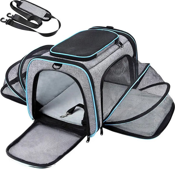 CarryQuest® - Poesen Honden Draagtas - Huisdierendrager Uitbreidbaar - 2 - zijdig - 46x25x25cm - Luchtvaartmaatschappij Goedgekeurd - Grijs - Blauw