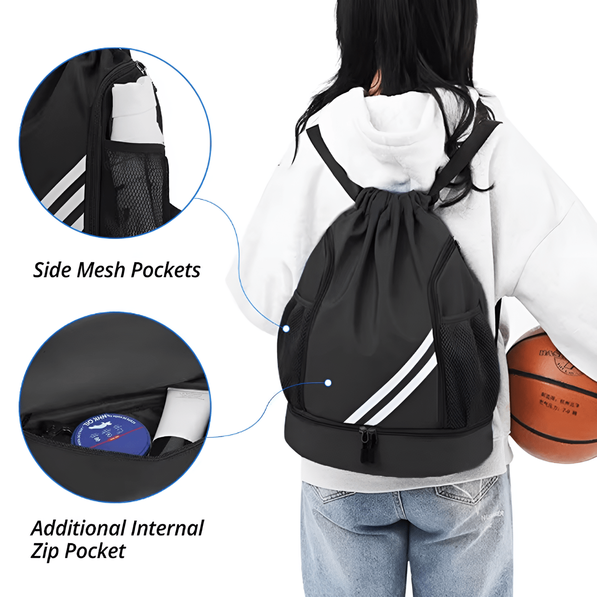 CarryQuest® - Sport Rugzak – 20L – Voetbal/Basketbal – Zwart/WitCarryQuest