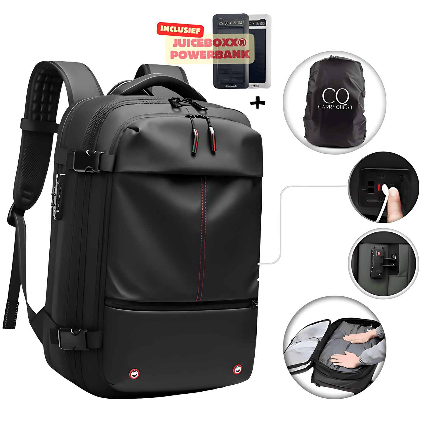 CarryQuest® - Vacuüm Rugzak Zen Pro - Ingebouwde vacuümpomp - Handbagage rugzak - Zwart