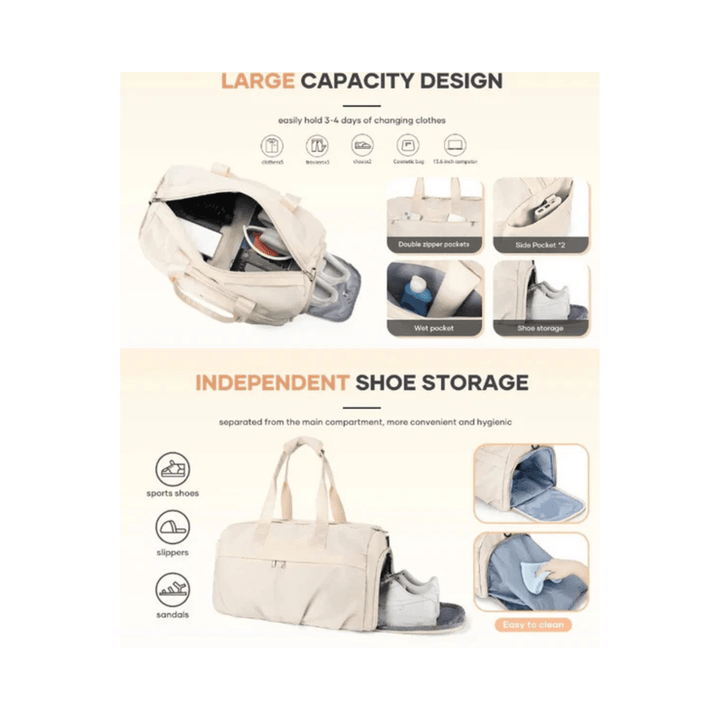 CarryQuest® - Weekendtas - Sporttas - Waterdicht Nylon - Georganiseerd en Stijlvol - Beige