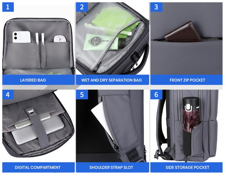 CarryQuest® Zakelijke Rugzak – 17" Laptop – Waterdicht – Oxford Stof – Zwart/Grijs/BlauwCarryQuest®Zakelijke Rugzak03